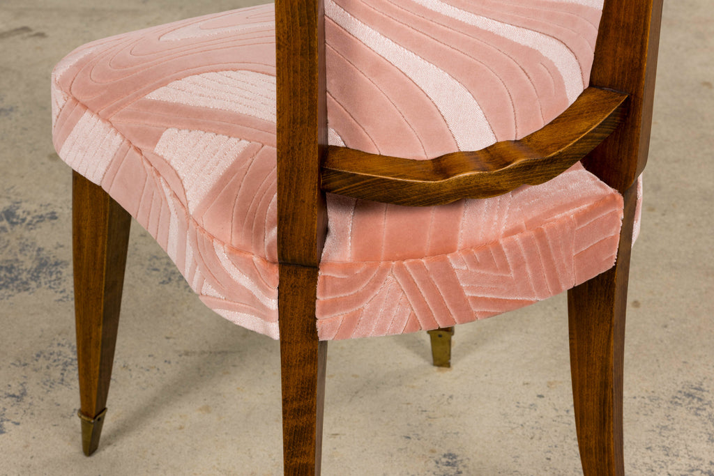 1940s French Parisian Art Deco Oak Dining Chairs in Blush Velvet - Set of 6