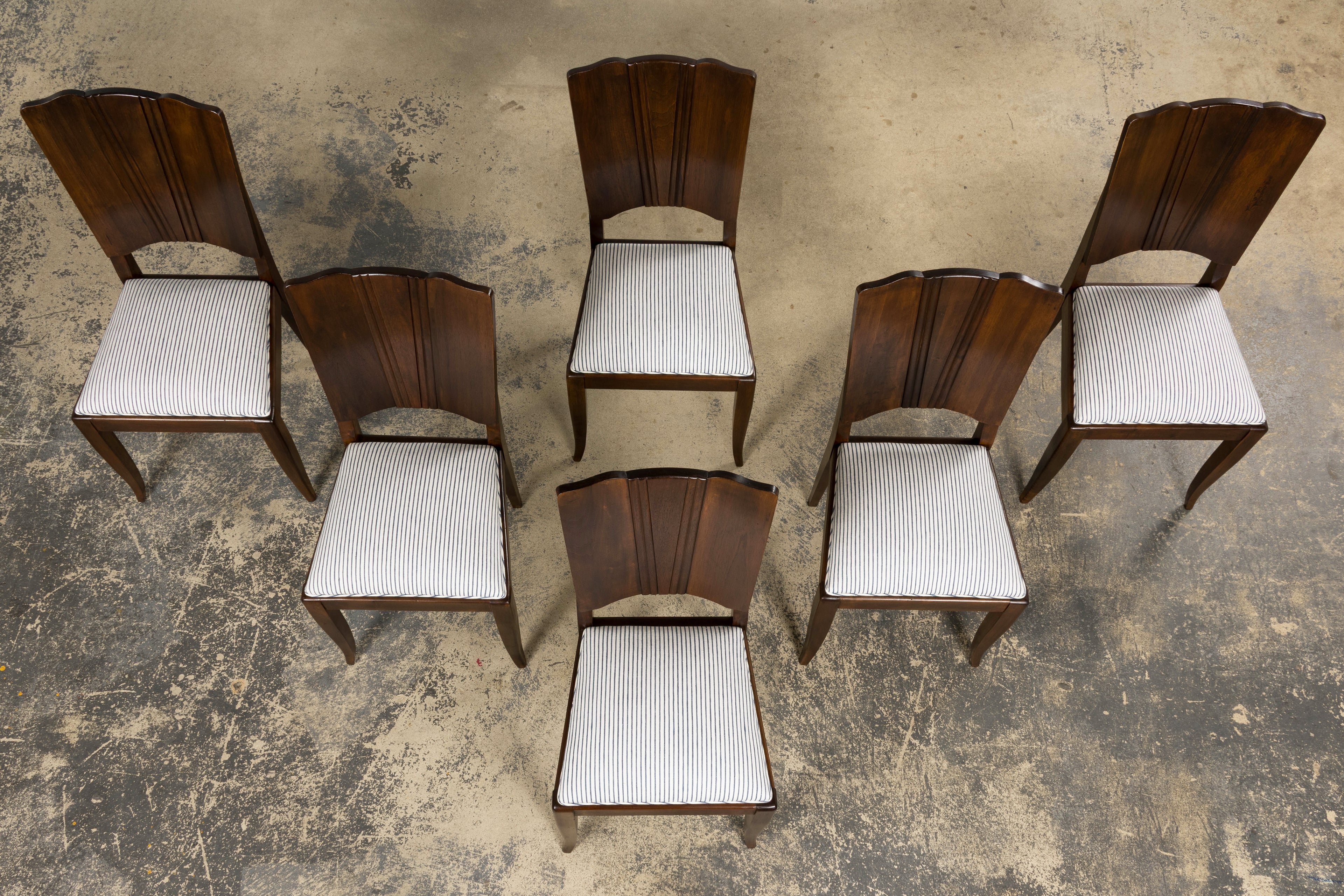 1920s French Art Deco Walnut Dining Chairs W/ Striped Linen - Set of 6