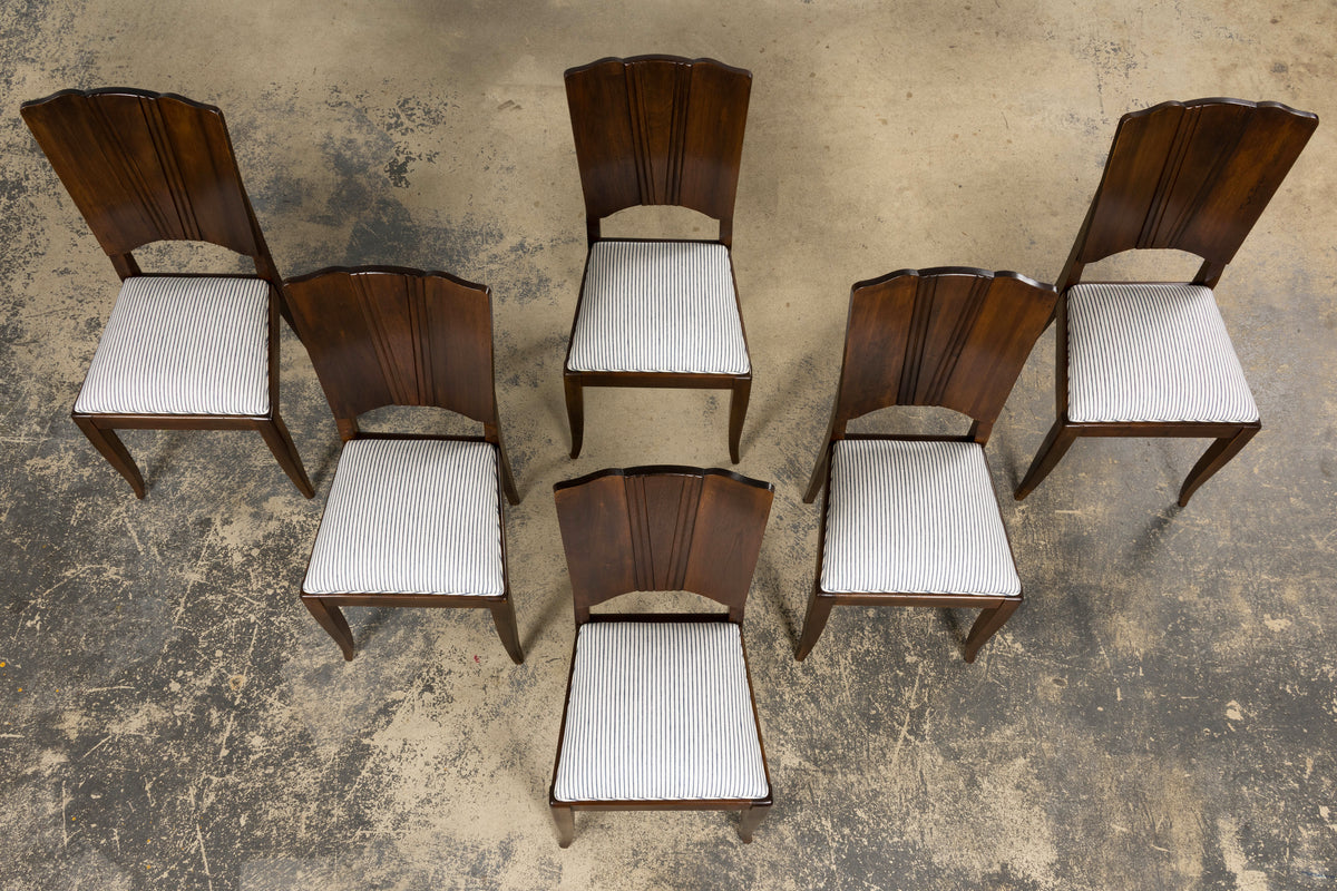 1920s French Art Deco Walnut Dining Chairs W/ Striped Linen - Set of 6
