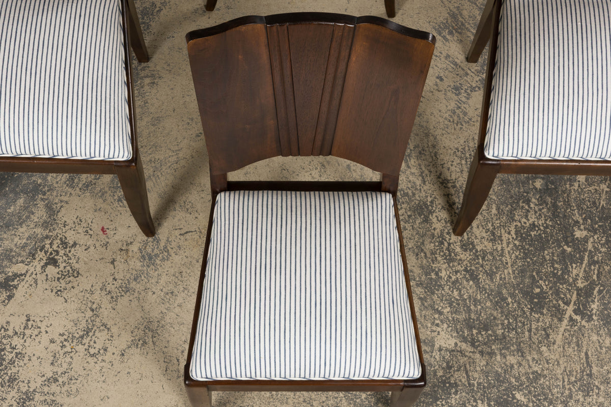 1920s French Art Deco Walnut Dining Chairs W/ Striped Linen - Set of 6