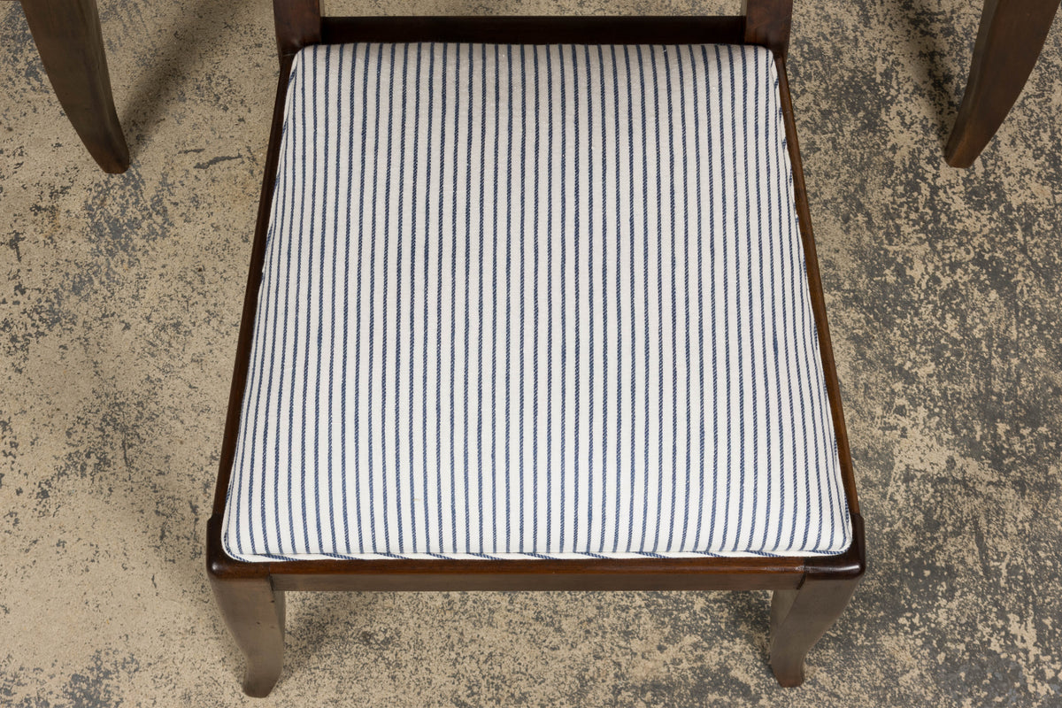 1920s French Art Deco Walnut Dining Chairs W/ Striped Linen - Set of 6