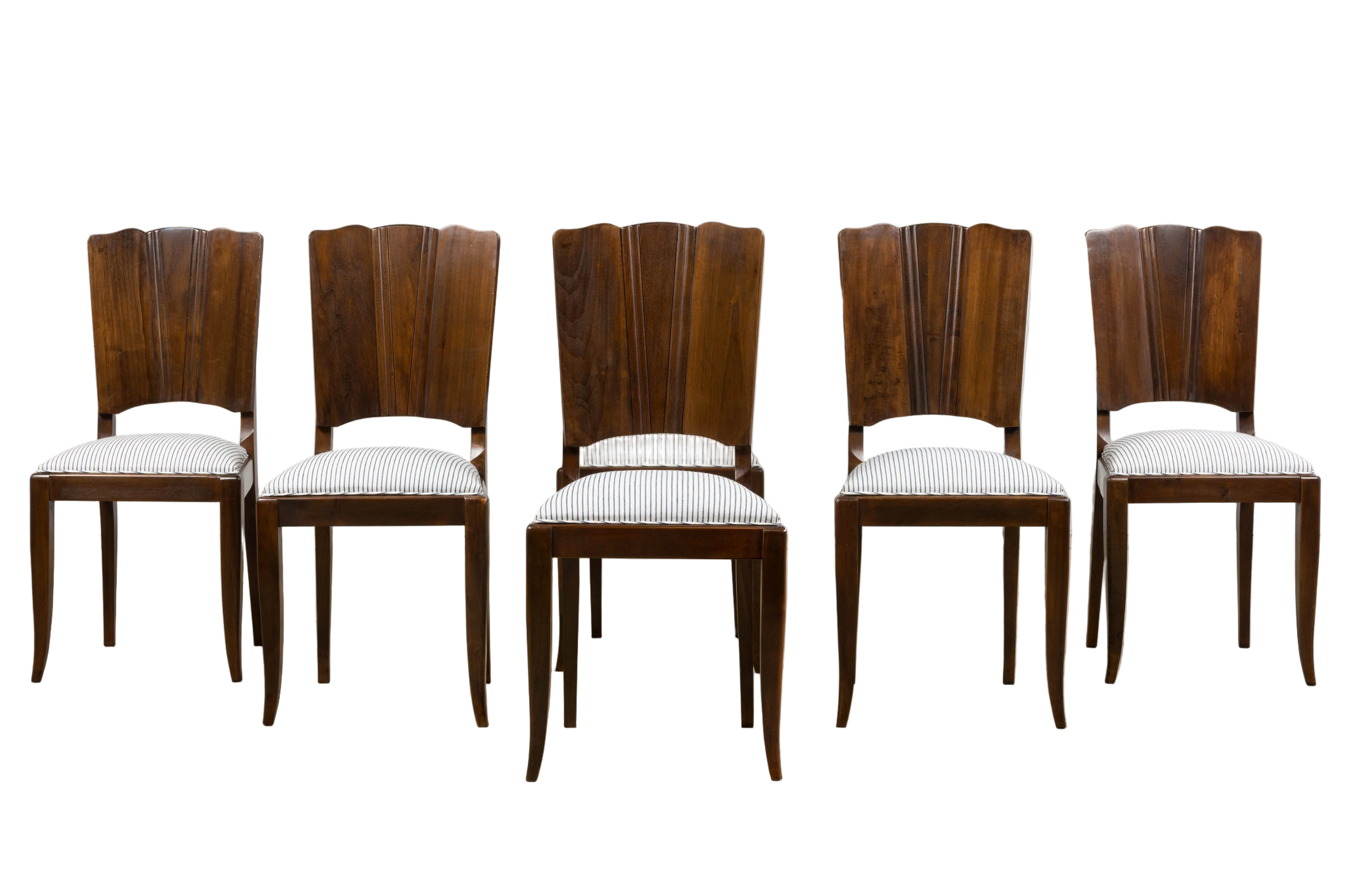 1920s French Art Deco Walnut Dining Chairs W/ Striped Linen - Set of 6