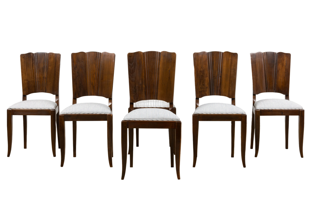 1920s French Art Deco Walnut Dining Chairs W/ Striped Linen - Set of 6