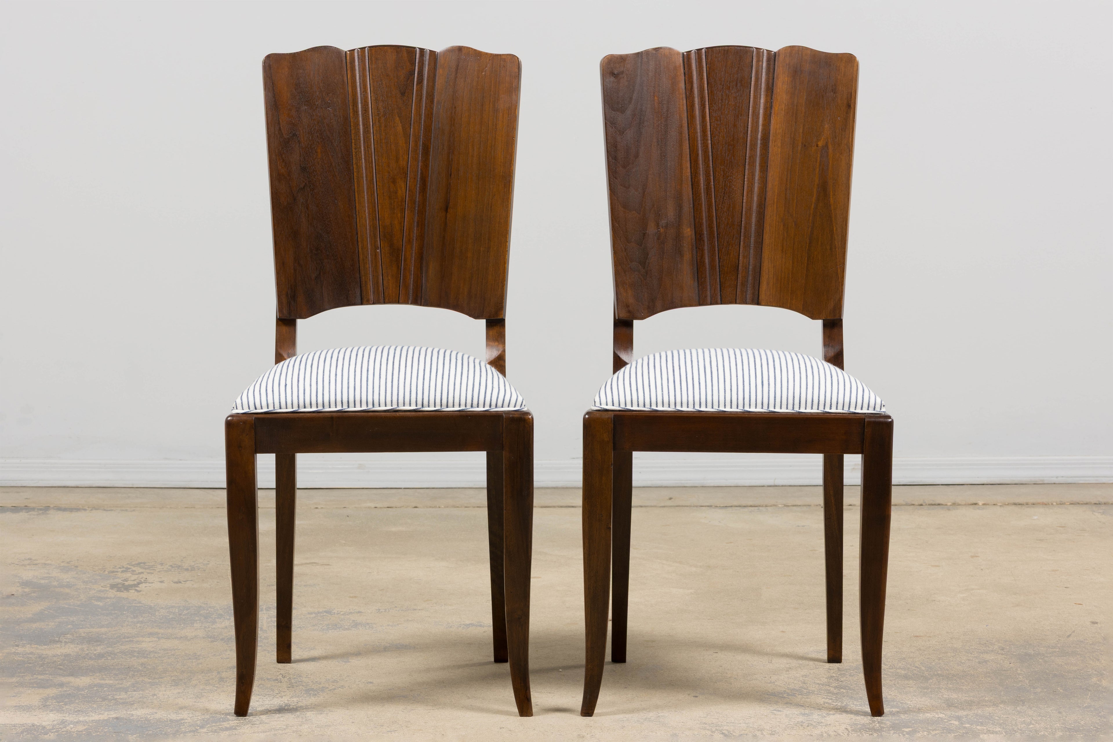 1920s French Art Deco Walnut Dining Chairs W/ Striped Linen - Set of 6