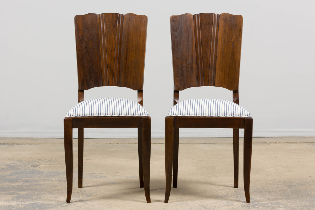1920s French Art Deco Walnut Dining Chairs W/ Striped Linen - Set of 6