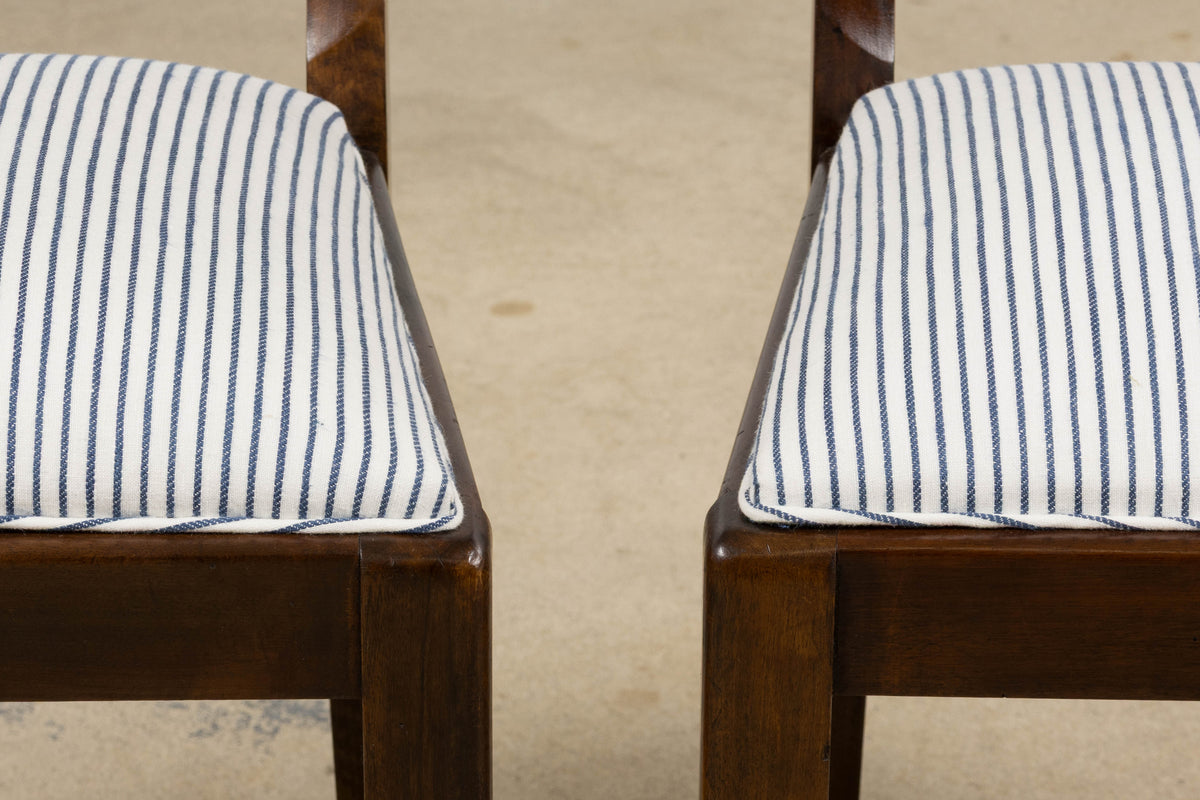 1920s French Art Deco Walnut Dining Chairs W/ Striped Linen - Set of 6