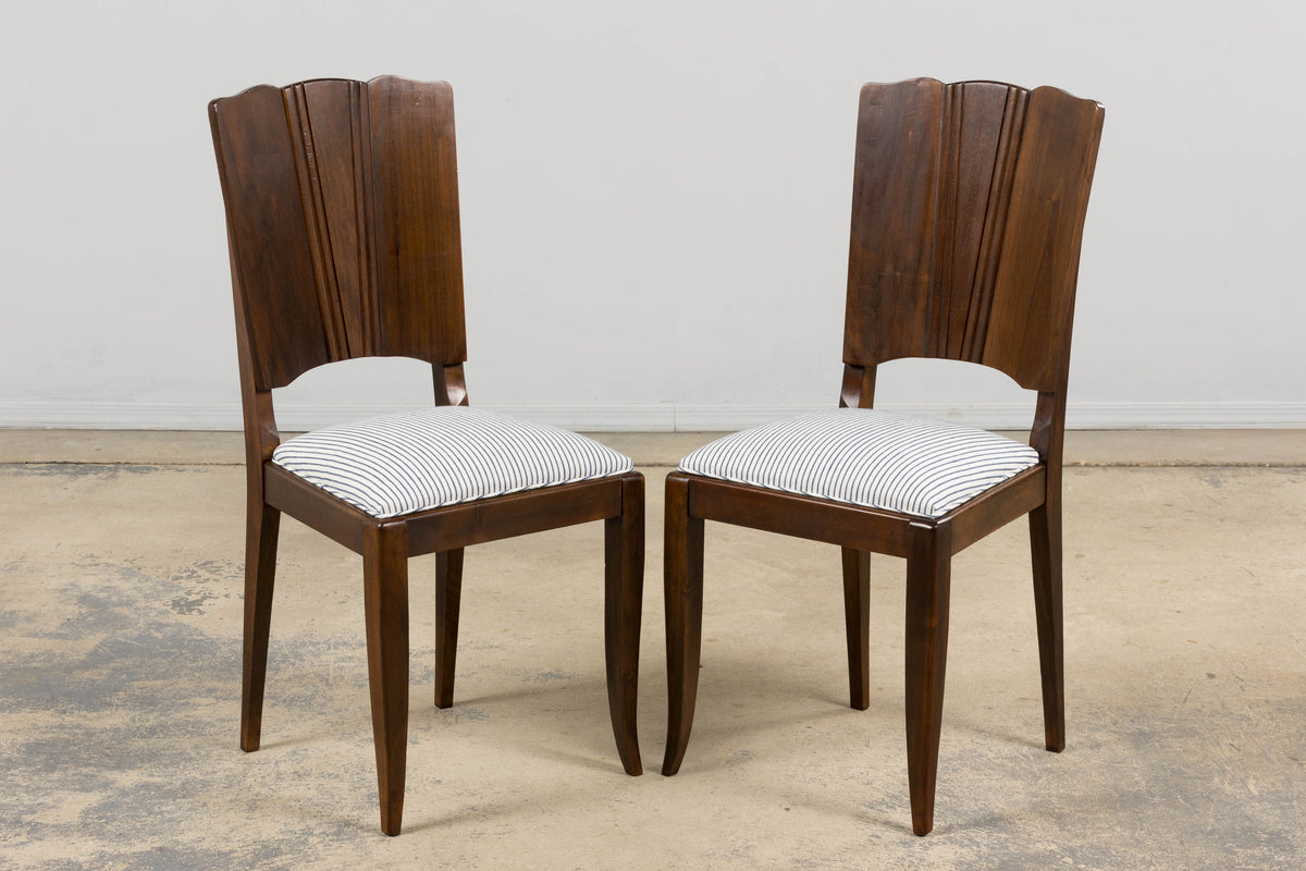 1920s French Art Deco Walnut Dining Chairs W/ Striped Linen - Set of 6