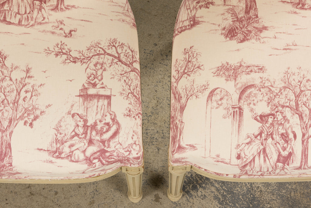 Antique French Louis XVI Style Painted Accent Side Chairs in Rose Toile - A Pair