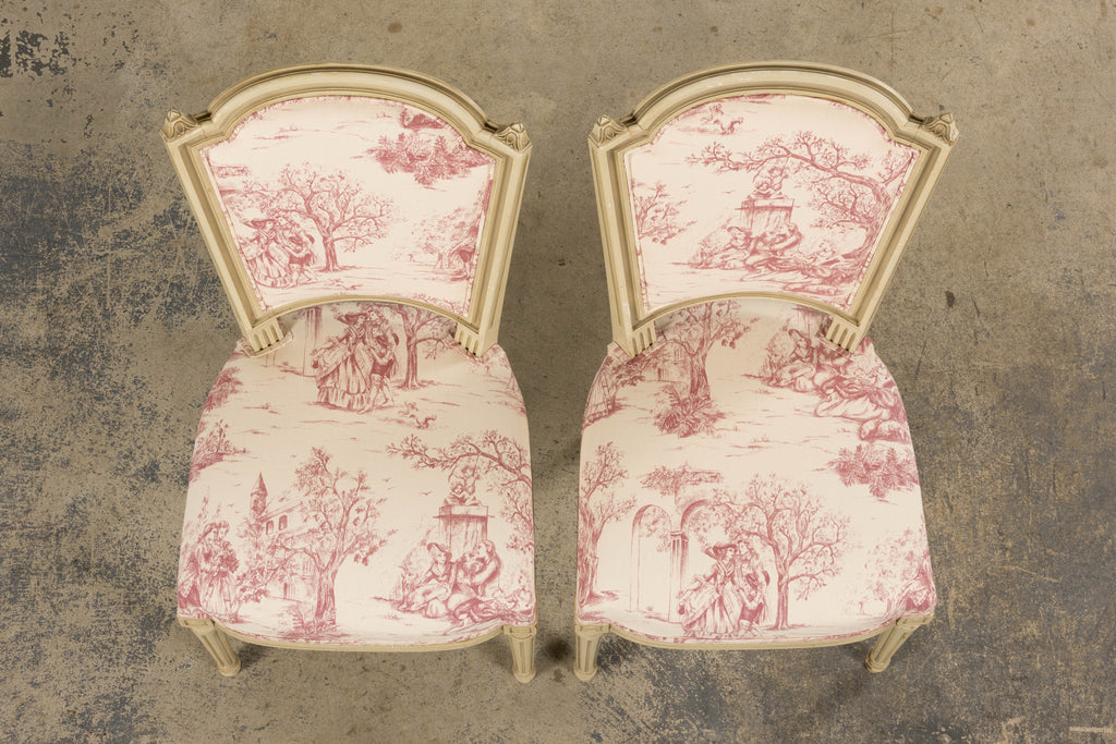 Antique French Louis XVI Style Painted Accent Side Chairs in Rose Toile - A Pair