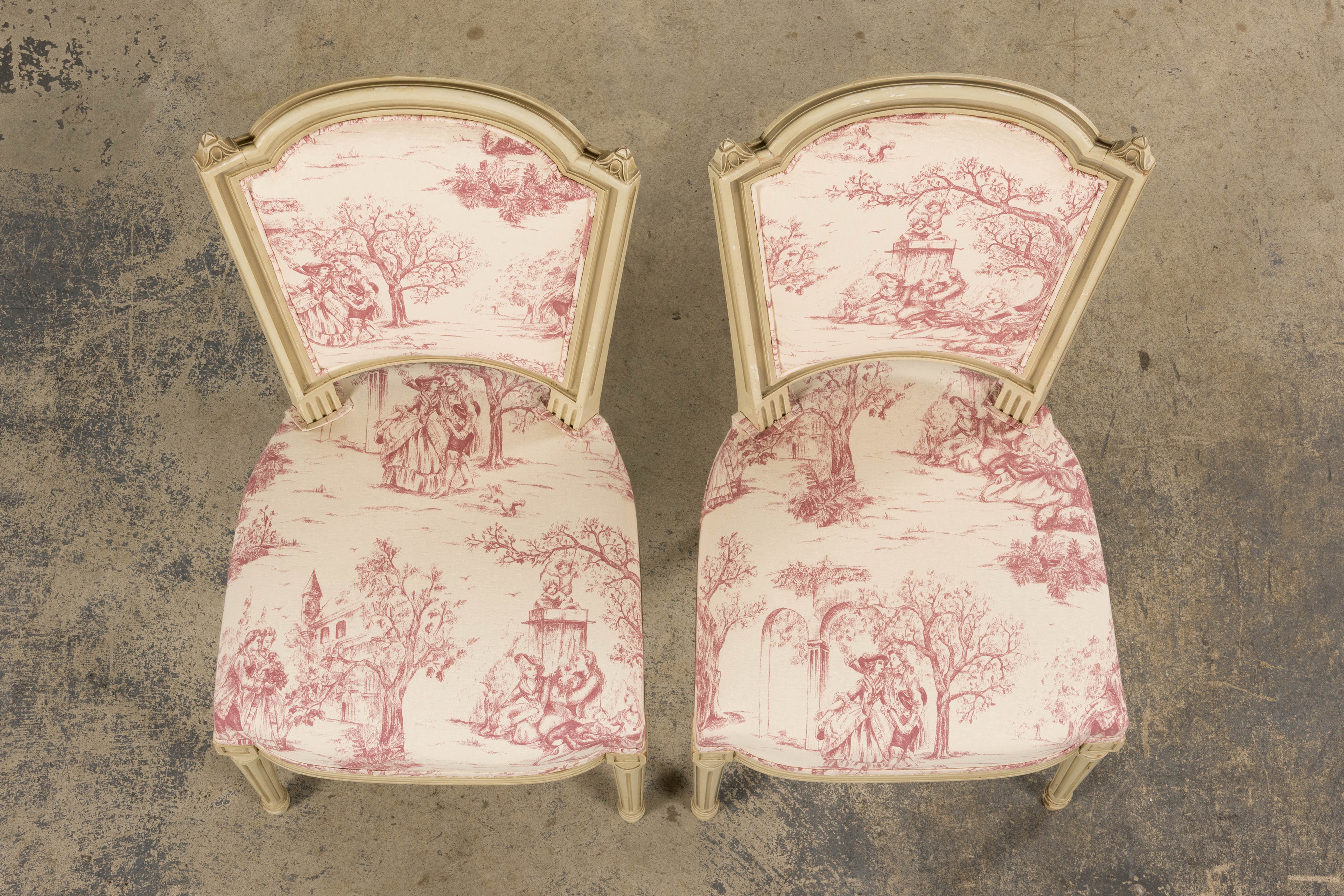 Antique French Louis XVI Style Painted Accent Side Chairs in Rose Toile - A Pair