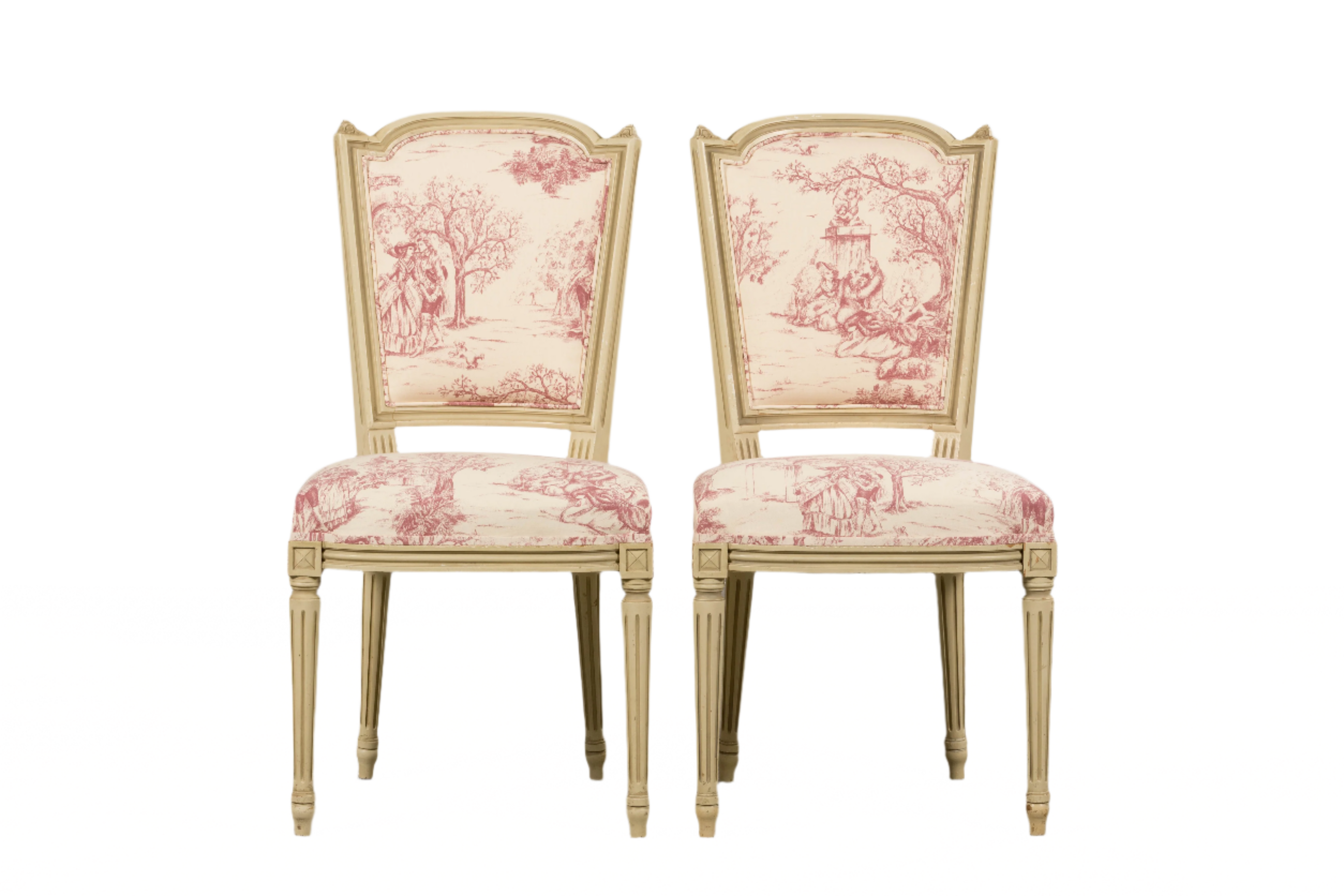 Antique French Louis XVI Style Painted Accent Side Chairs in Rose Toile - A Pair