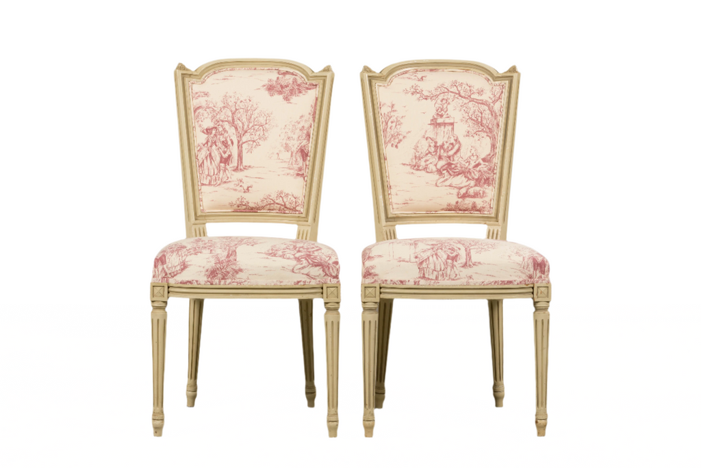 Antique French Louis XVI Style Painted Accent Side Chairs in Rose Toile - A Pair