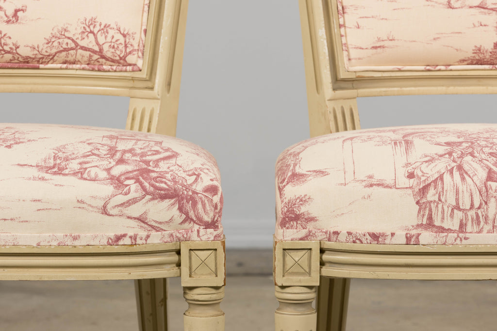 Antique French Louis XVI Style Painted Accent Side Chairs in Rose Toile - A Pair