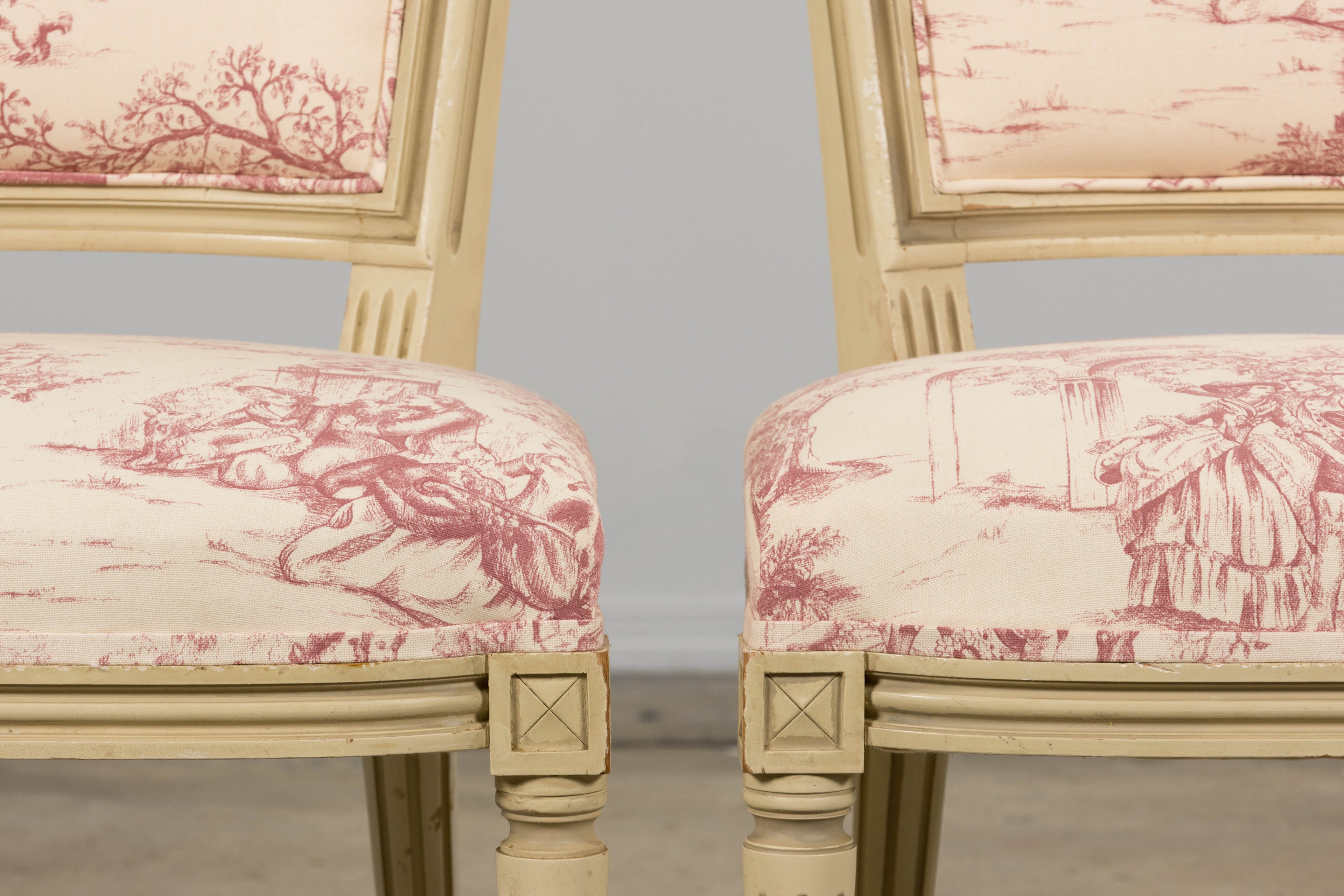 Antique French Louis XVI Style Painted Accent Side Chairs in Rose Toile - A Pair