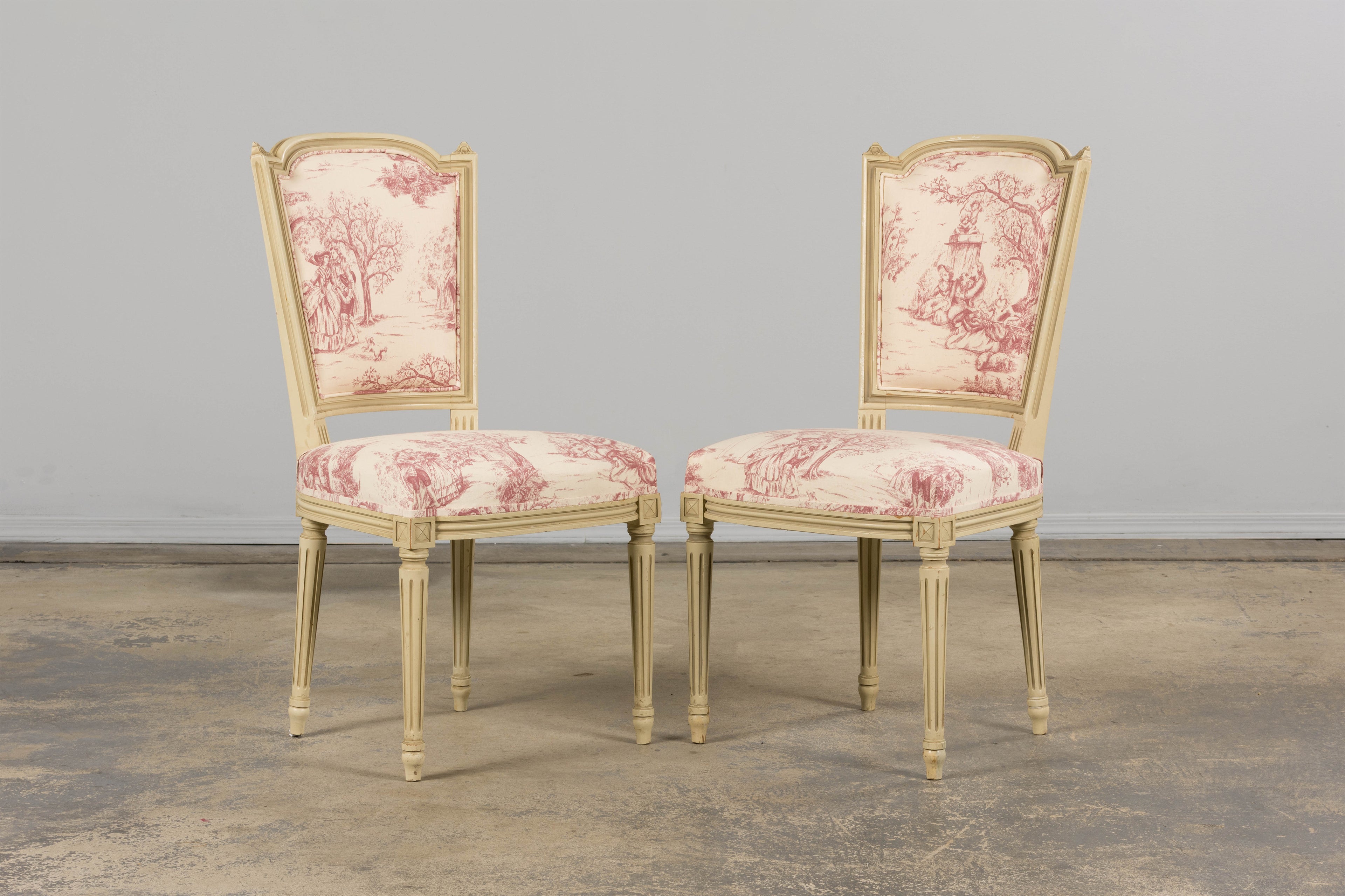 Antique French Louis XVI Style Painted Accent Side Chairs in Rose Toile - A Pair