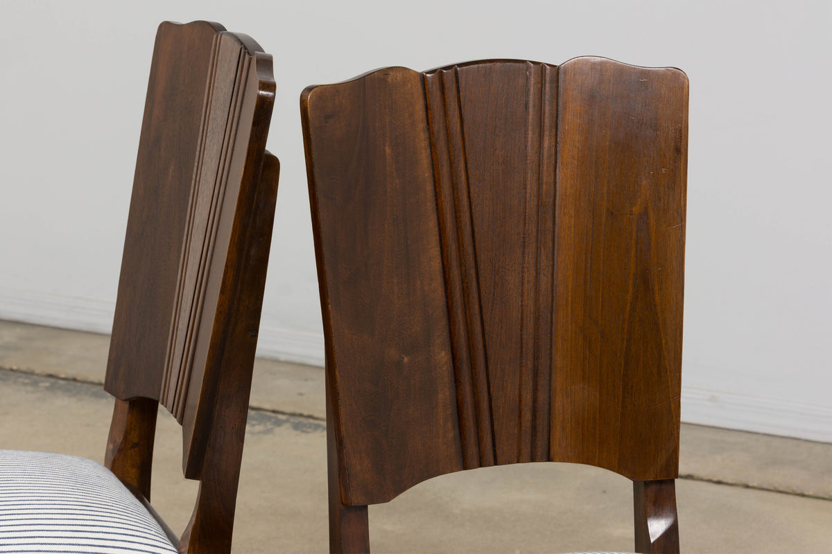 1920s French Art Deco Walnut Dining Chairs W/ Striped Linen - Set of 6