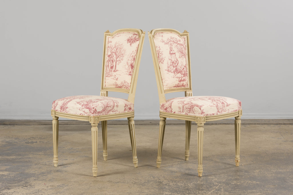 Antique French Louis XVI Style Painted Accent Side Chairs in Rose Toile - A Pair