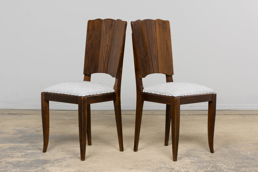1920s French Art Deco Walnut Dining Chairs W/ Striped Linen - Set of 6