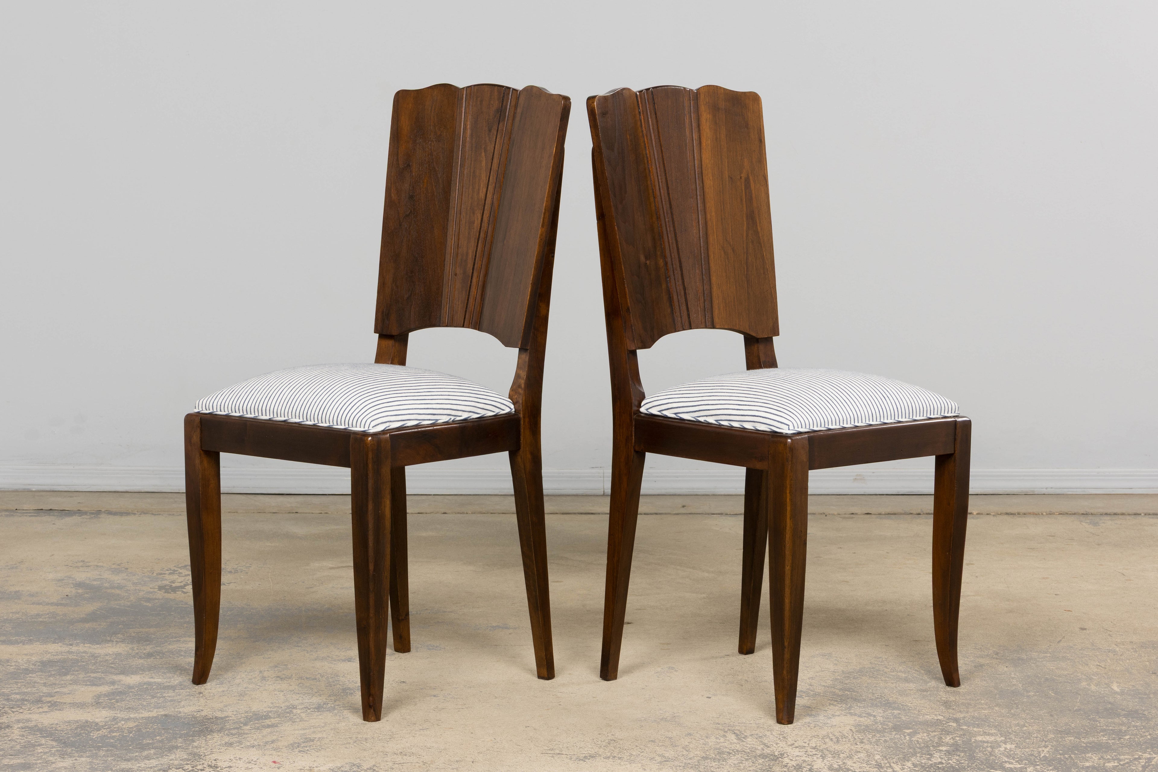 1920s French Art Deco Walnut Dining Chairs W/ Striped Linen - Set of 6