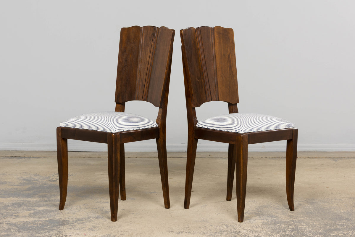 1920s French Art Deco Walnut Dining Chairs W/ Striped Linen - Set of 6