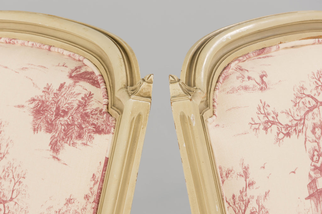 Antique French Louis XVI Style Painted Accent Side Chairs in Rose Toile - A Pair