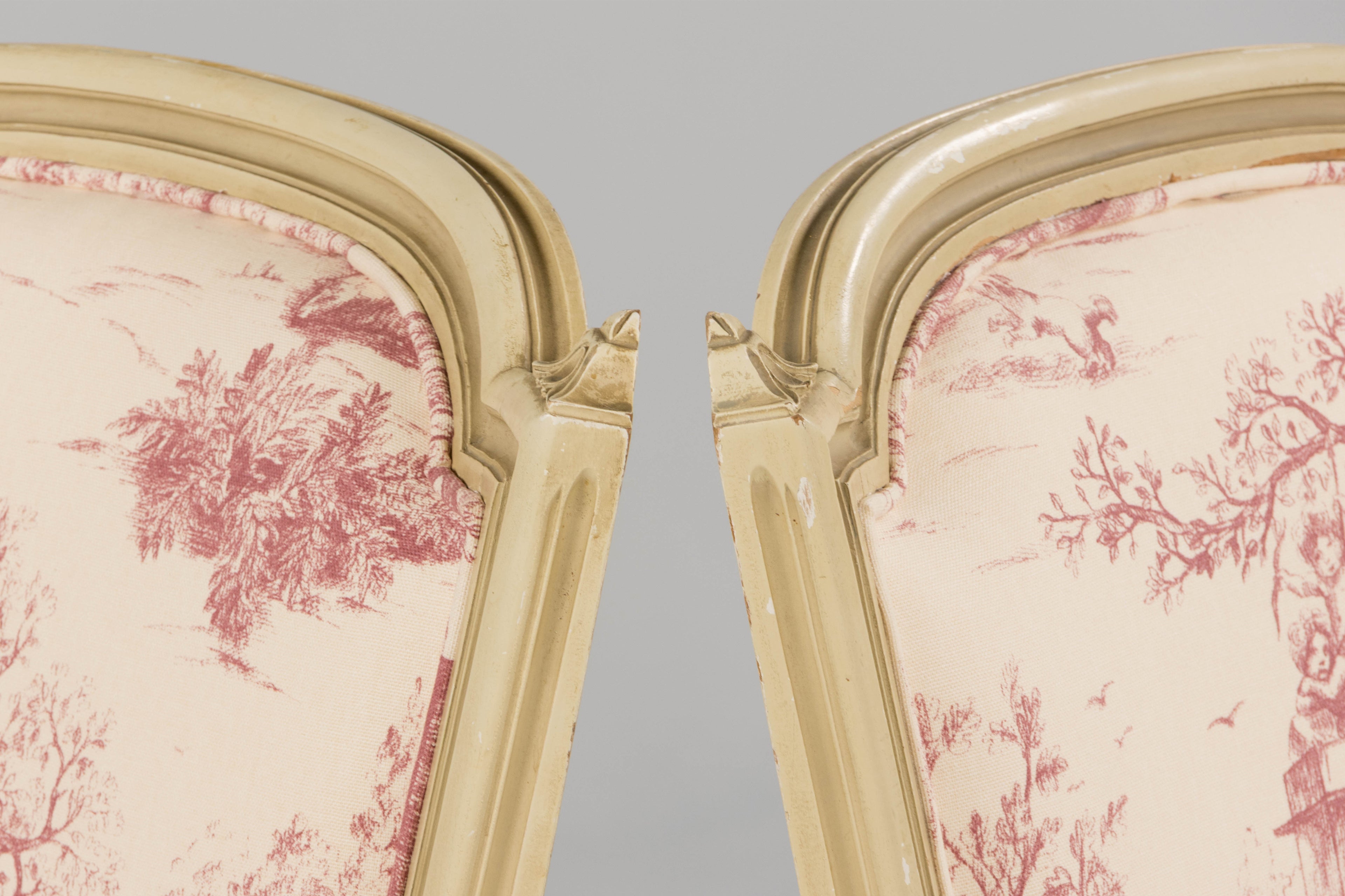 Antique French Louis XVI Style Painted Accent Side Chairs in Rose Toile - A Pair