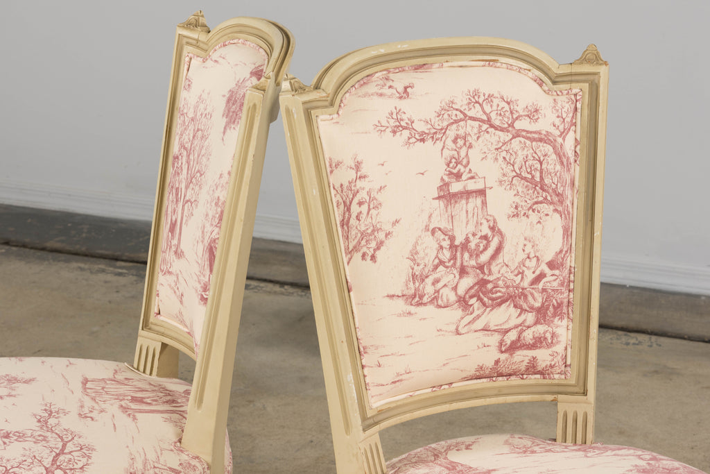 Antique French Louis XVI Style Painted Accent Side Chairs in Rose Toile - A Pair
