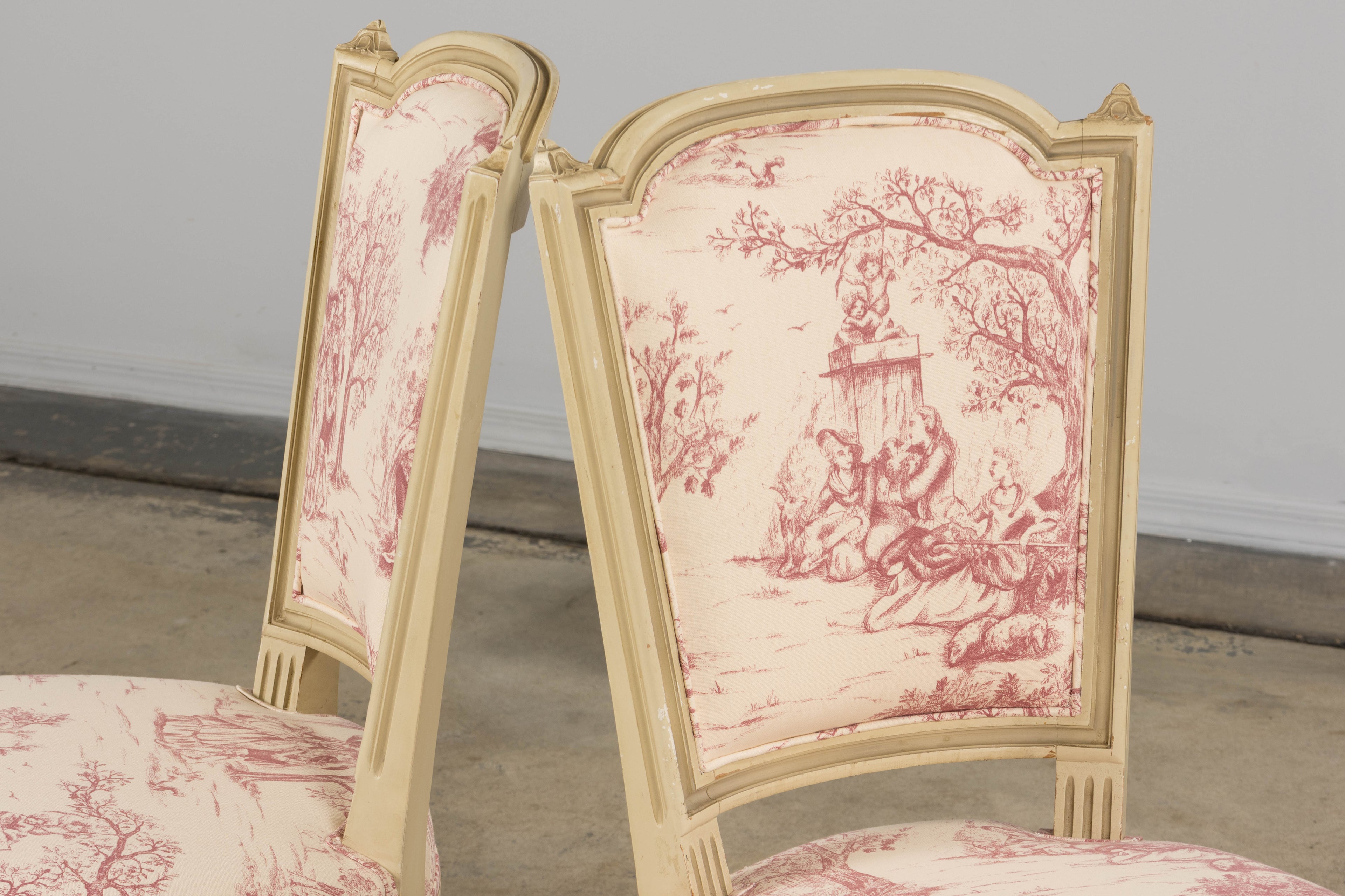 Antique French Louis XVI Style Painted Accent Side Chairs in Rose Toile - A Pair