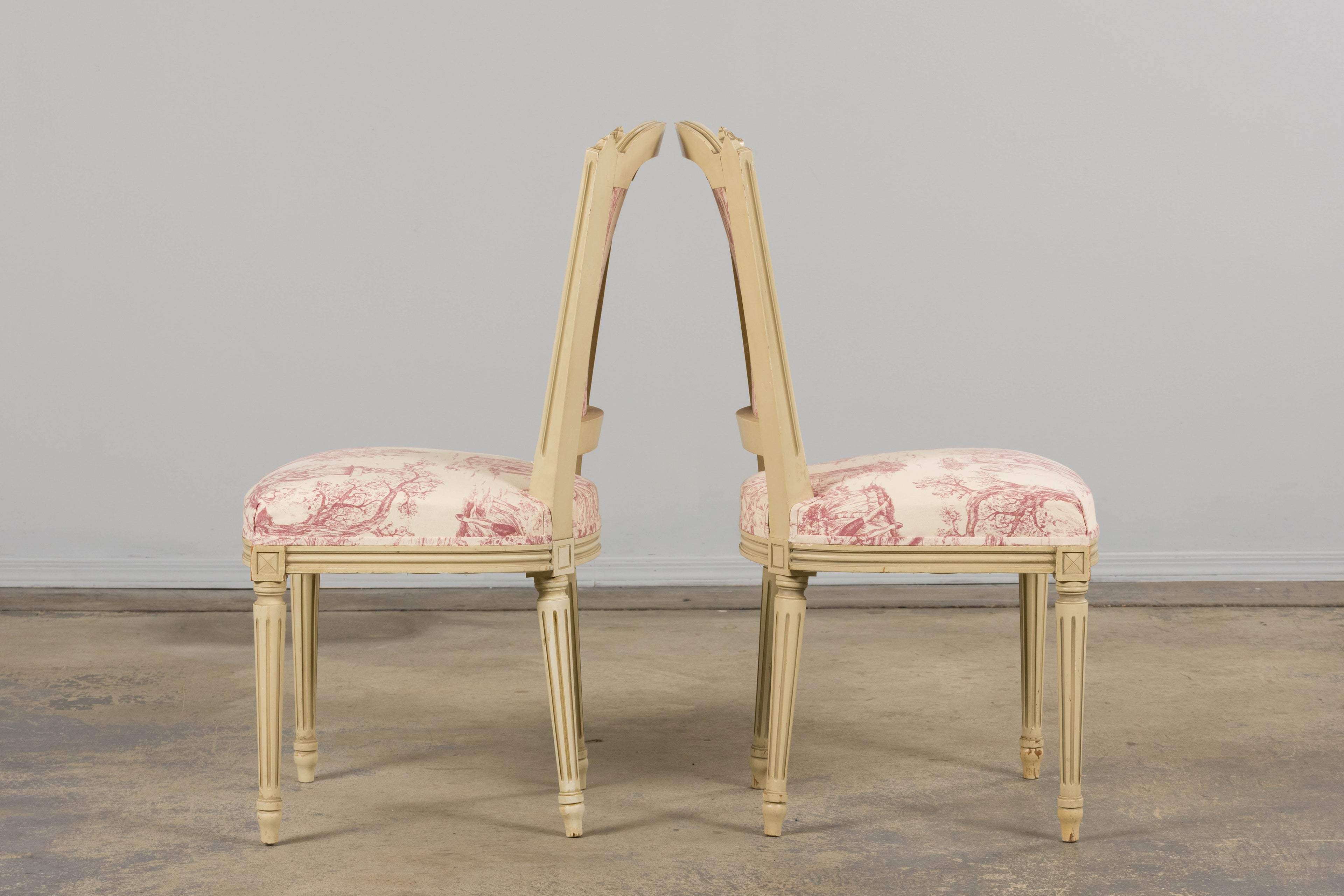 Antique French Louis XVI Style Painted Accent Side Chairs in Rose Toile - A Pair