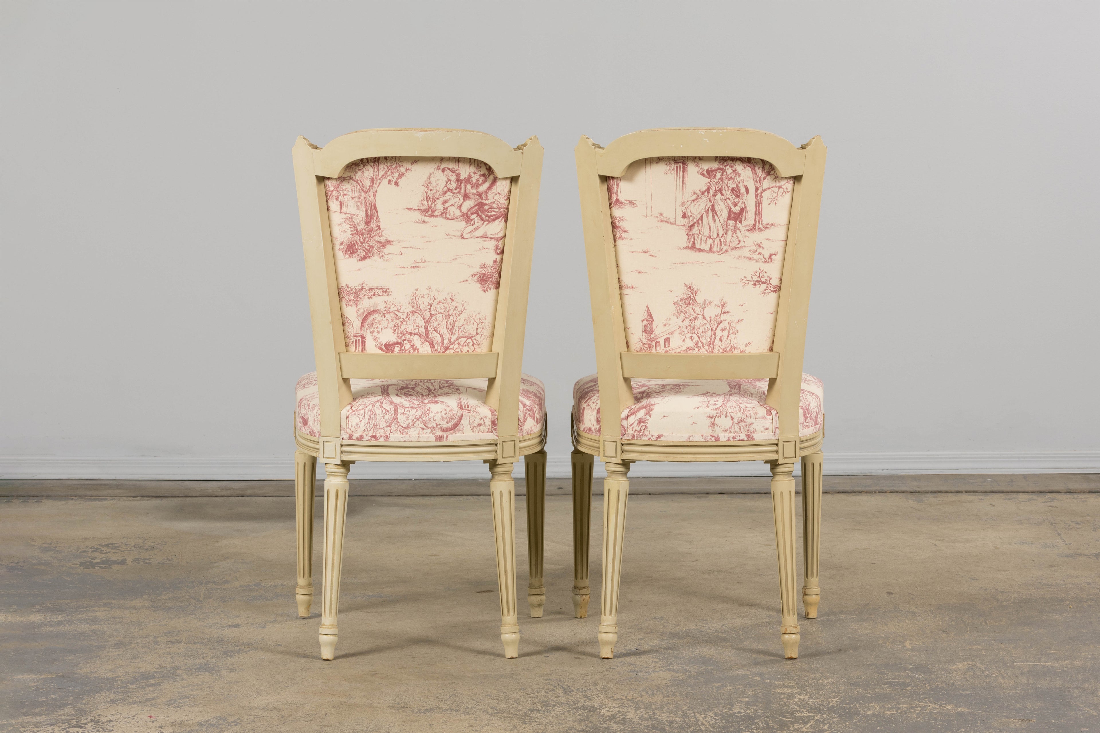 Antique French Louis XVI Style Painted Accent Side Chairs in Rose Toile - A Pair
