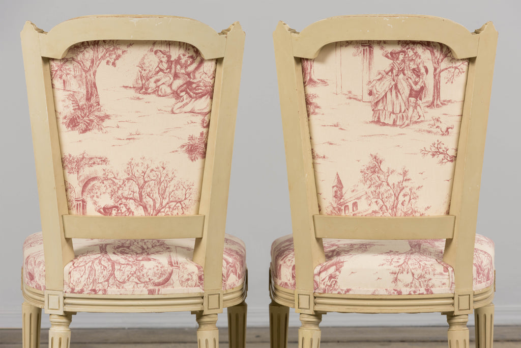 Antique French Louis XVI Style Painted Accent Side Chairs in Rose Toile - A Pair