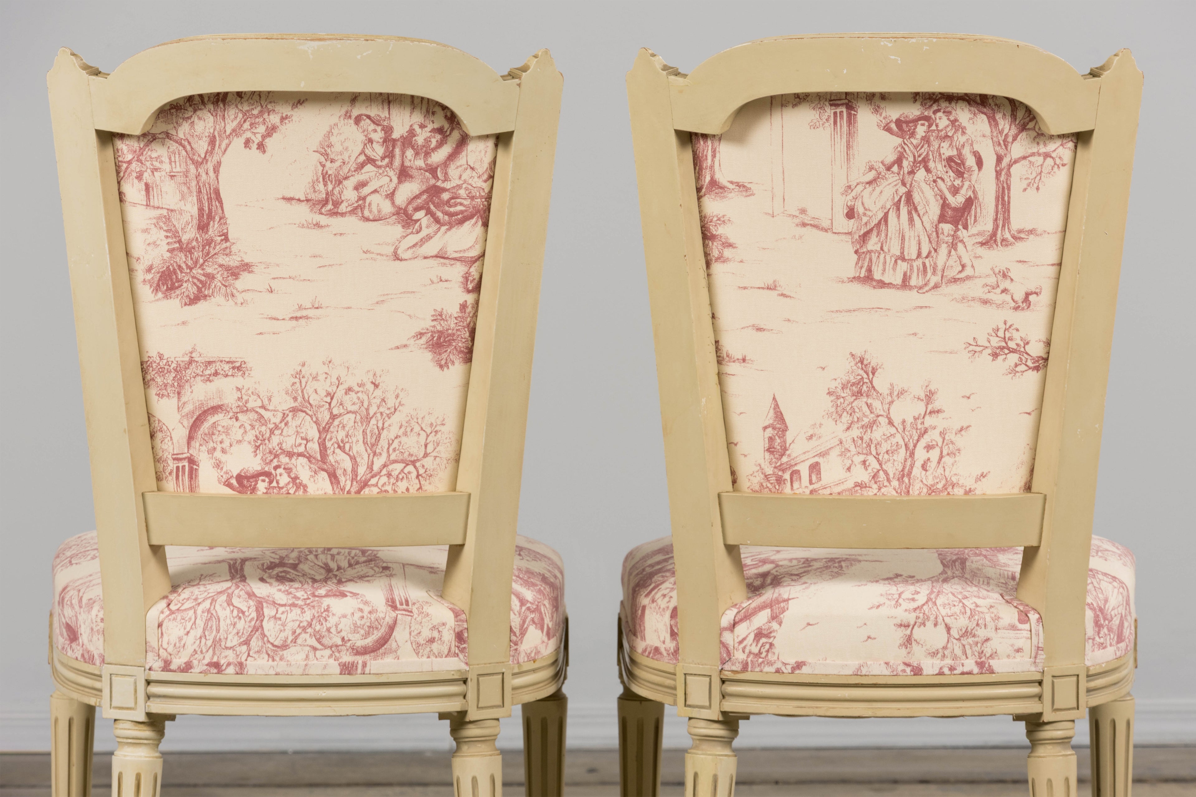 Antique French Louis XVI Style Painted Accent Side Chairs in Rose Toile - A Pair