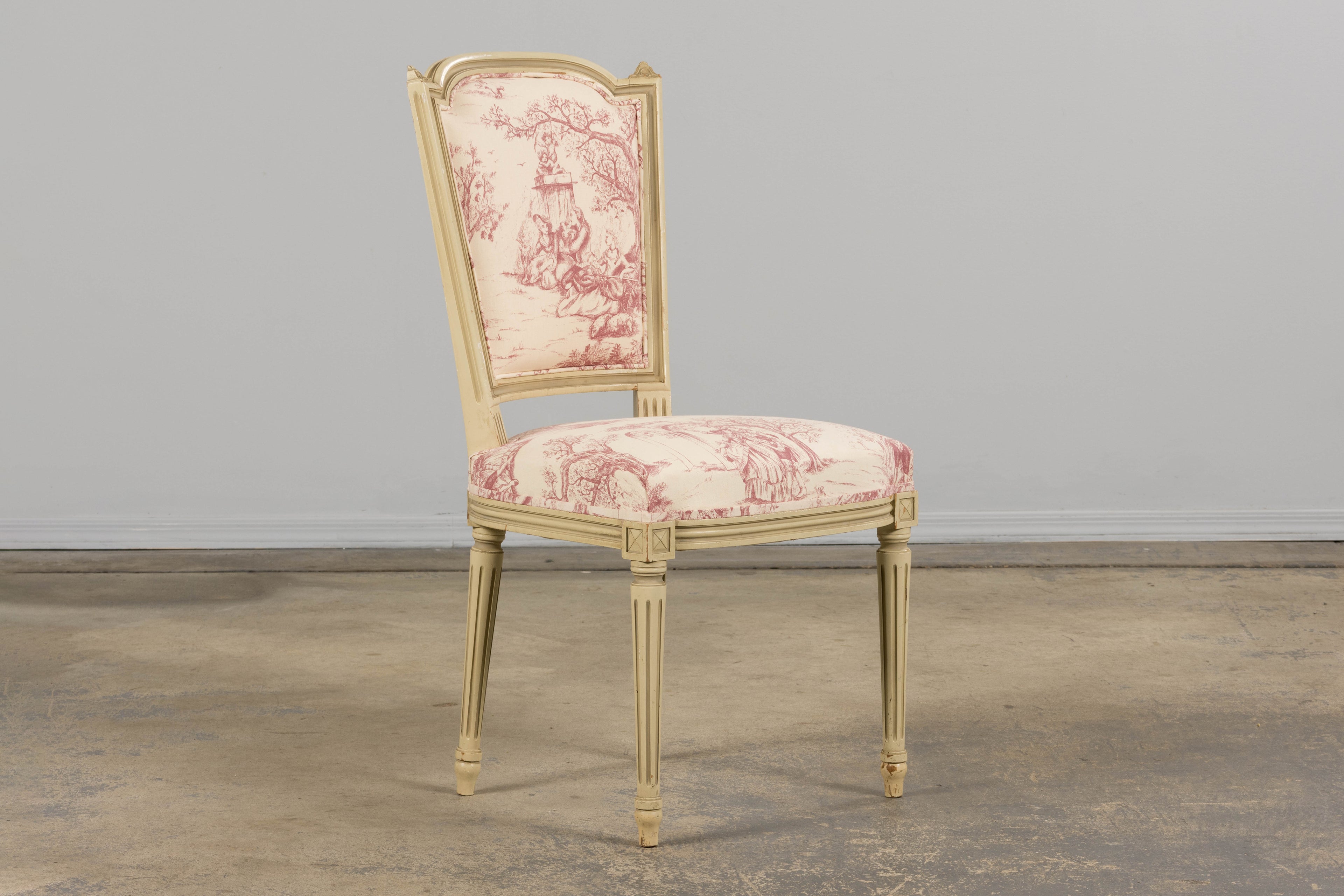 Antique French Louis XVI Style Painted Accent Side Chairs in Rose Toile - A Pair