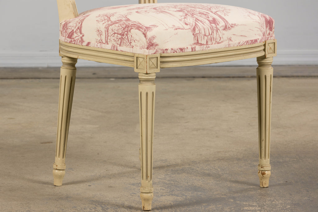Antique French Louis XVI Style Painted Accent Side Chairs in Rose Toile - A Pair