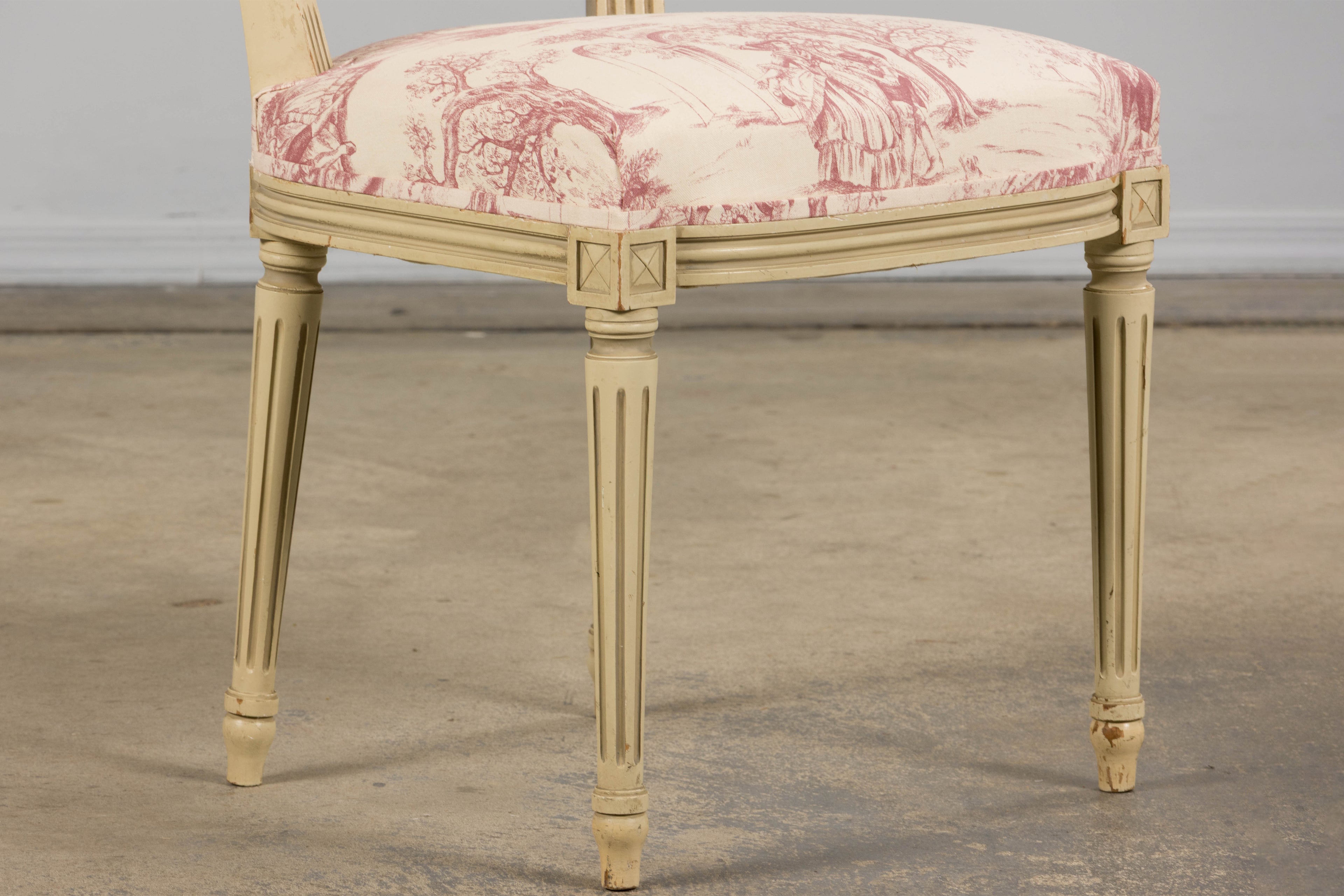 Antique French Louis XVI Style Painted Accent Side Chairs in Rose Toile - A Pair