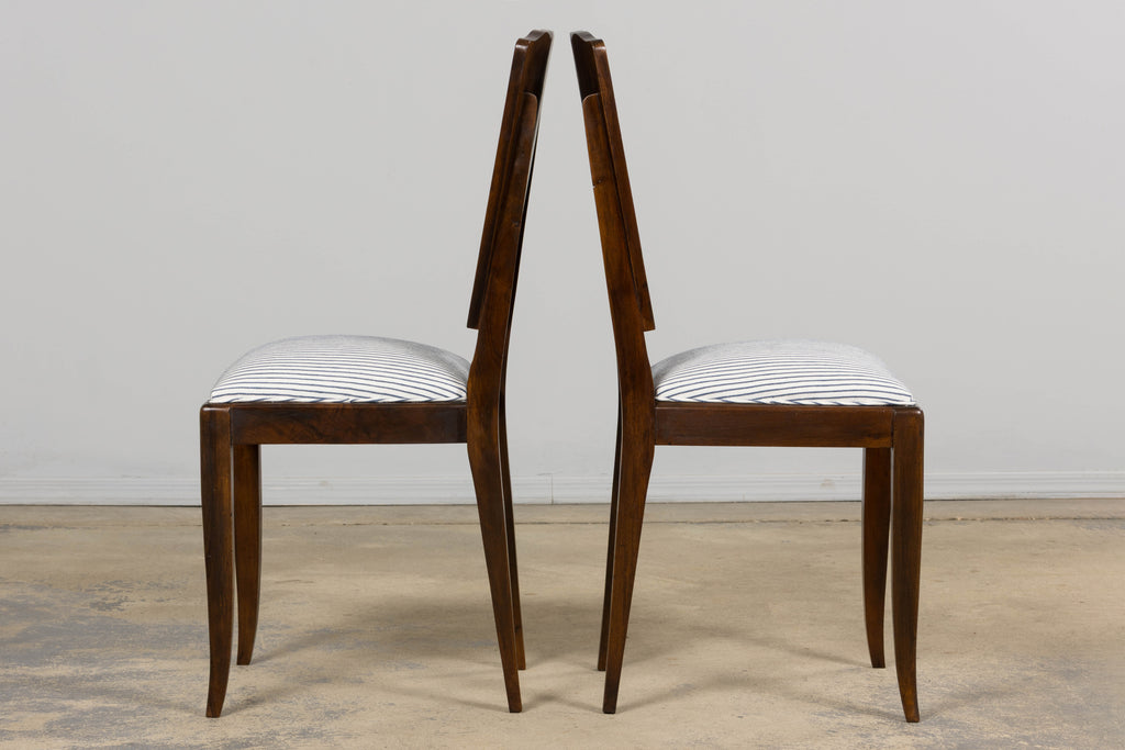 1920s French Art Deco Walnut Dining Chairs W/ Striped Linen - Set of 6
