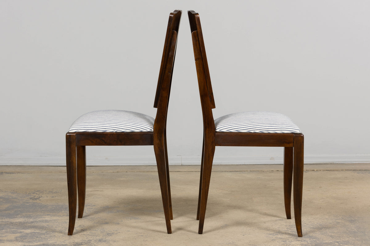1920s French Art Deco Walnut Dining Chairs W/ Striped Linen - Set of 6