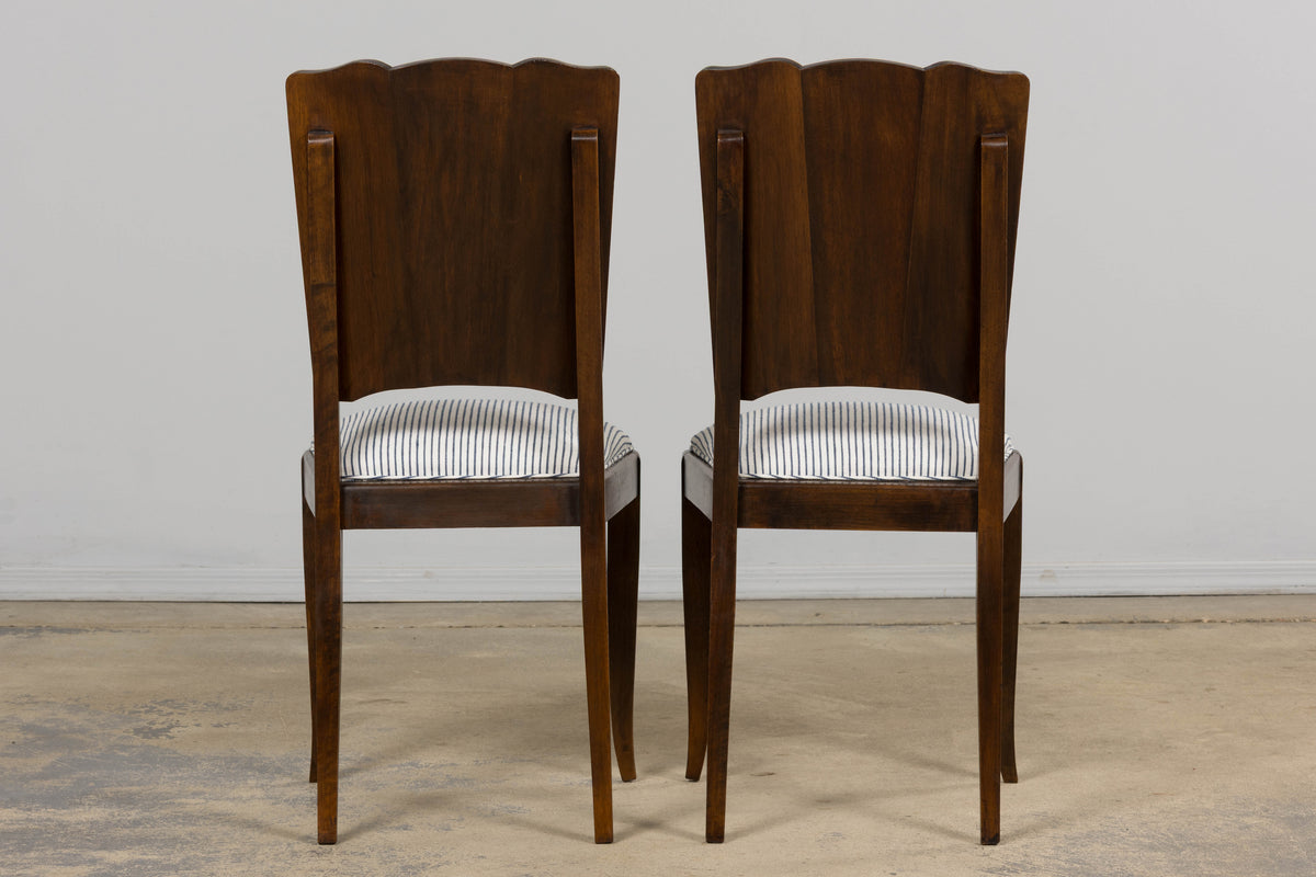 1920s French Art Deco Walnut Dining Chairs W/ Striped Linen - Set of 6