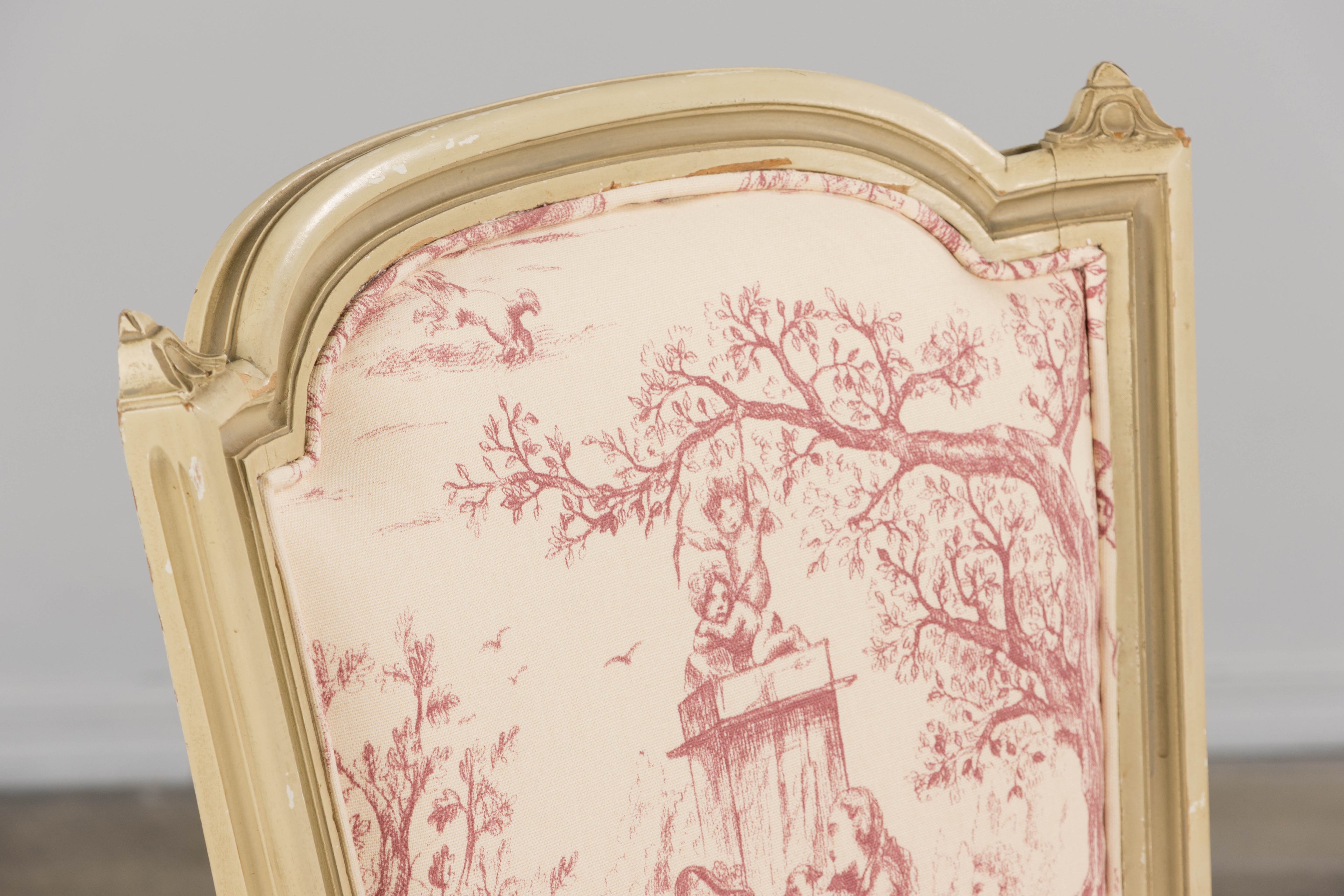 Antique French Louis XVI Style Painted Accent Side Chairs in Rose Toile - A Pair