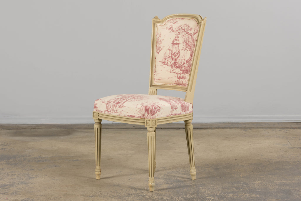 Antique French Louis XVI Style Painted Accent Side Chairs in Rose Toile - A Pair