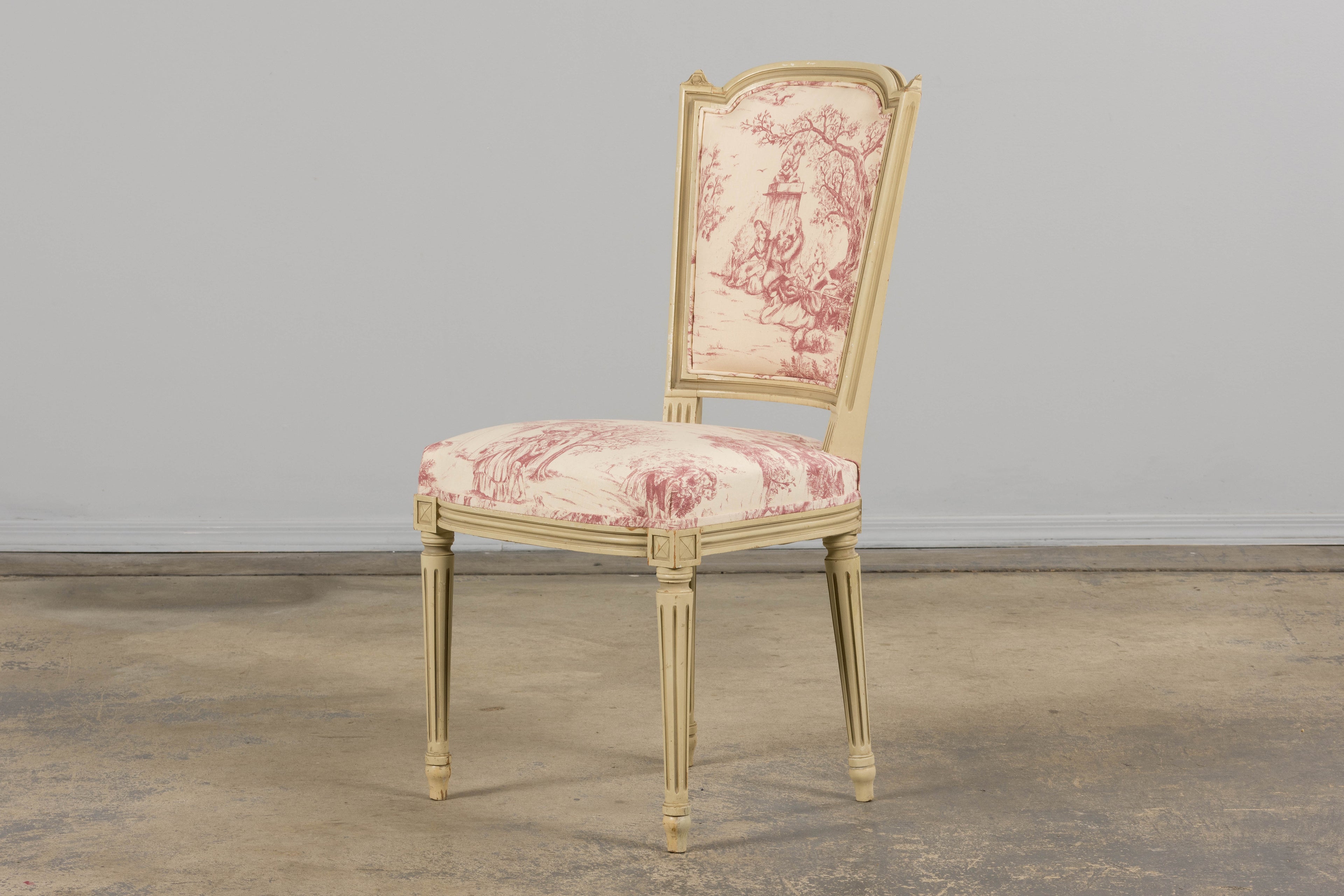Antique French Louis XVI Style Painted Accent Side Chairs in Rose Toile - A Pair