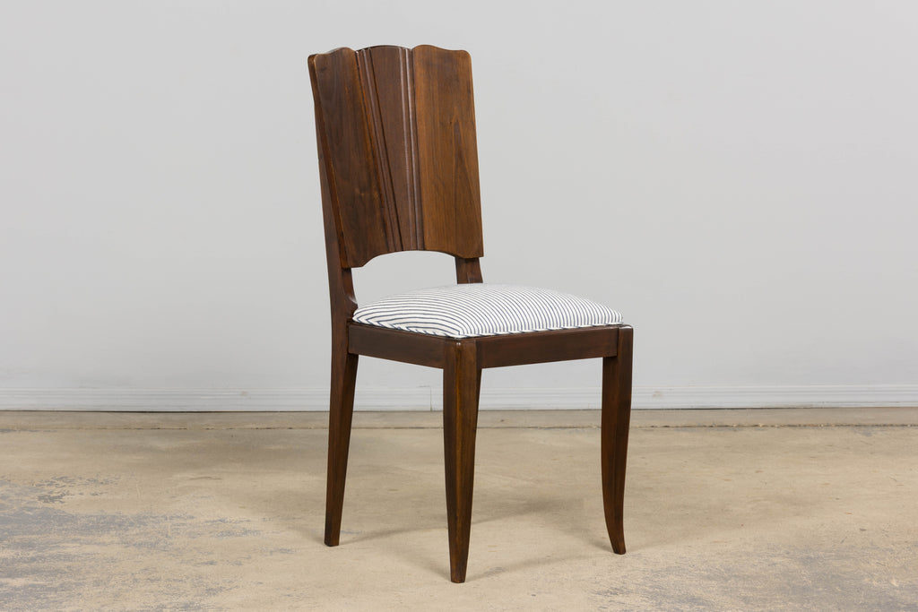 1920s French Art Deco Walnut Dining Chairs W/ Striped Linen - Set of 6