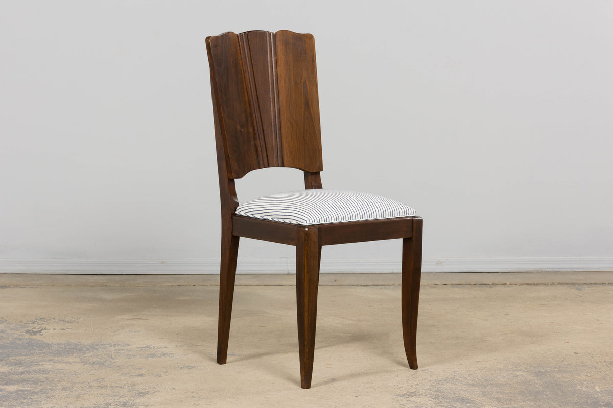 1920s French Art Deco Walnut Dining Chairs W/ Striped Linen - Set of 6
