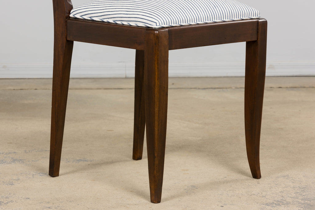 1920s French Art Deco Walnut Dining Chairs W/ Striped Linen - Set of 6
