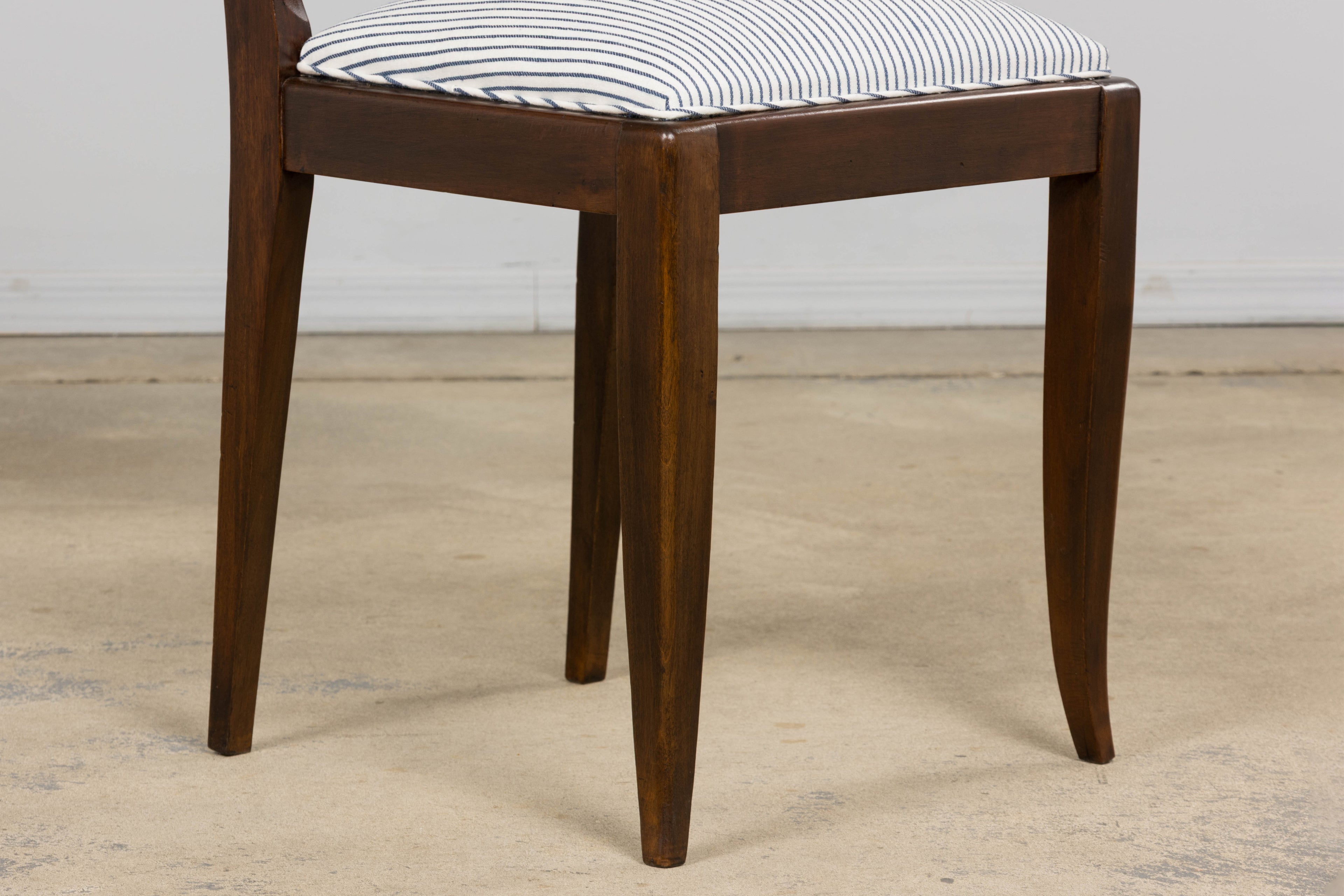 1920s French Art Deco Walnut Dining Chairs W/ Striped Linen - Set of 6
