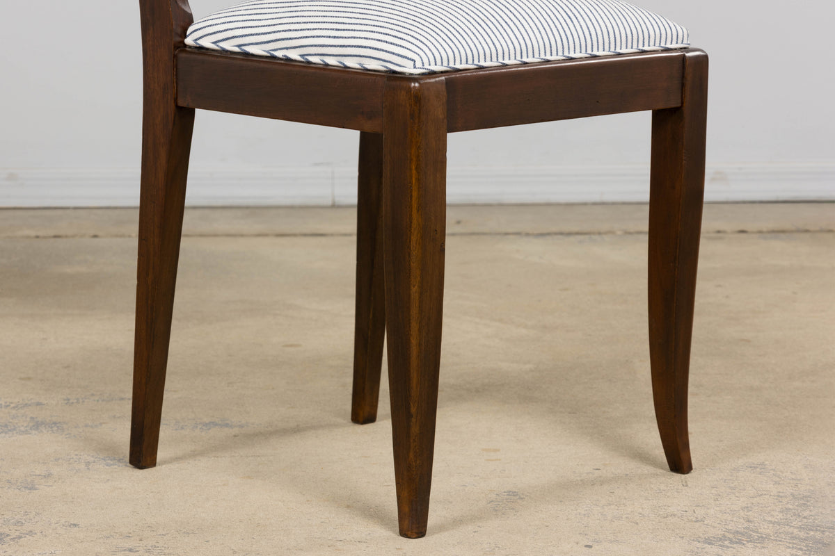 1920s French Art Deco Walnut Dining Chairs W/ Striped Linen - Set of 6