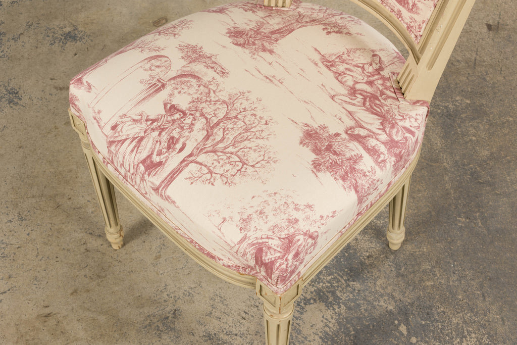 Antique French Louis XVI Style Painted Accent Side Chairs in Rose Toile - A Pair