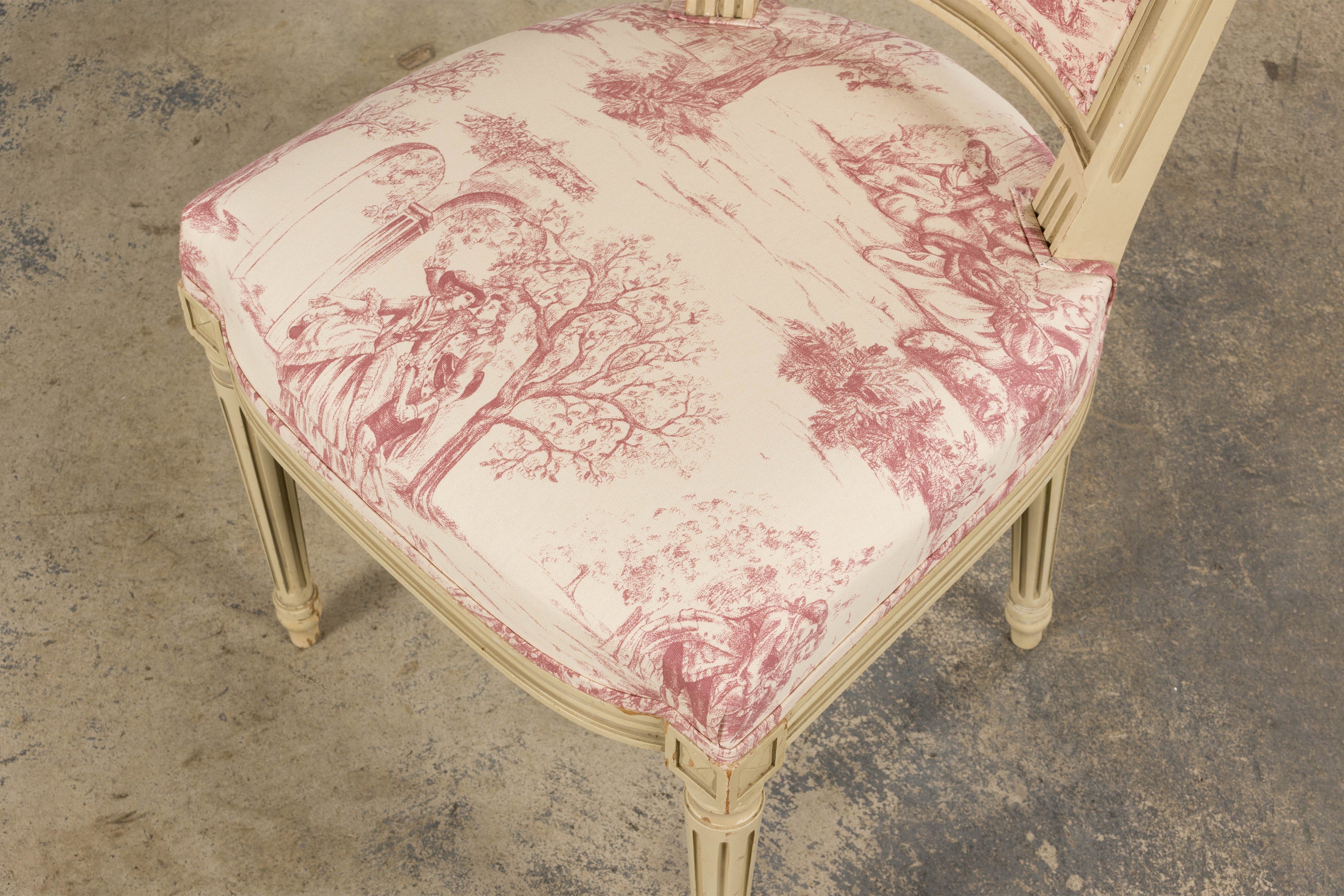 Antique French Louis XVI Style Painted Accent Side Chairs in Rose Toile - A Pair