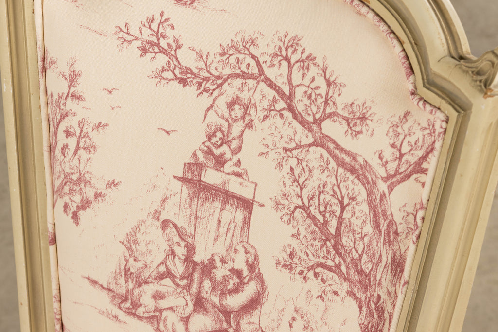Antique French Louis XVI Style Painted Accent Side Chairs in Rose Toile - A Pair