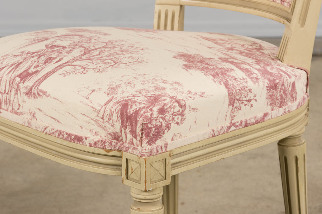 Antique French Louis XVI Style Painted Accent Side Chairs in Rose Toile - A Pair